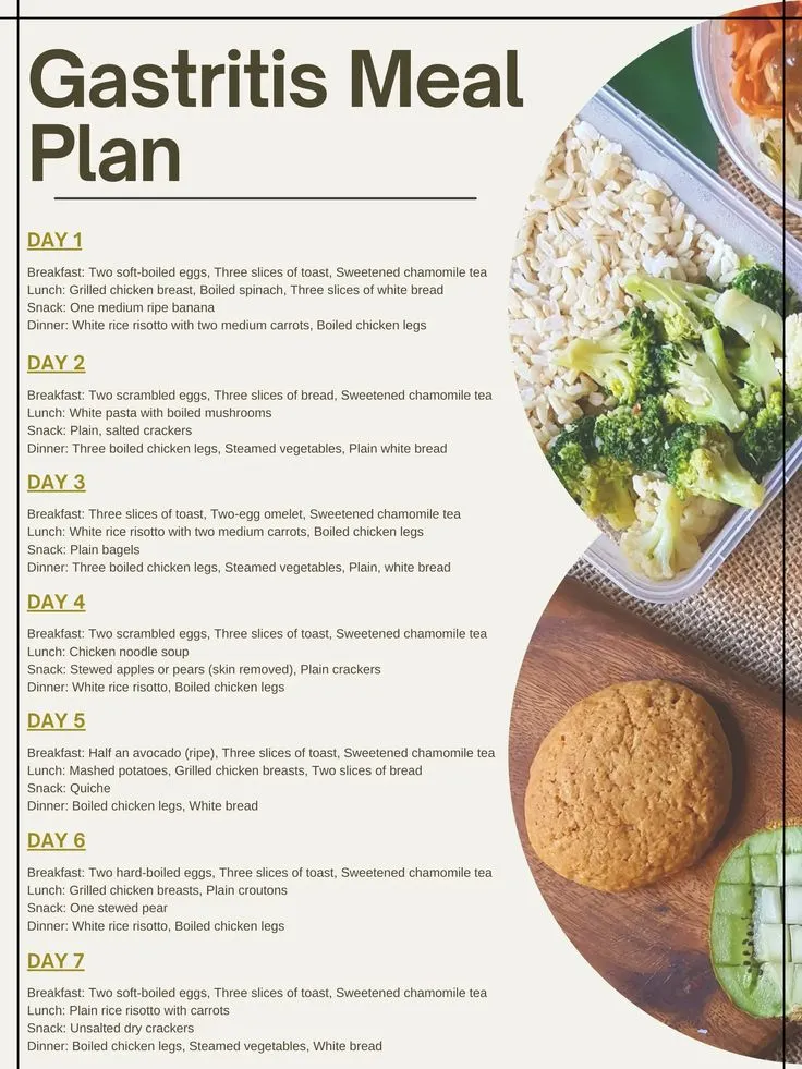 7-Day Gastritis Meal Plan with breakfast, lunch, dinner, and snack options